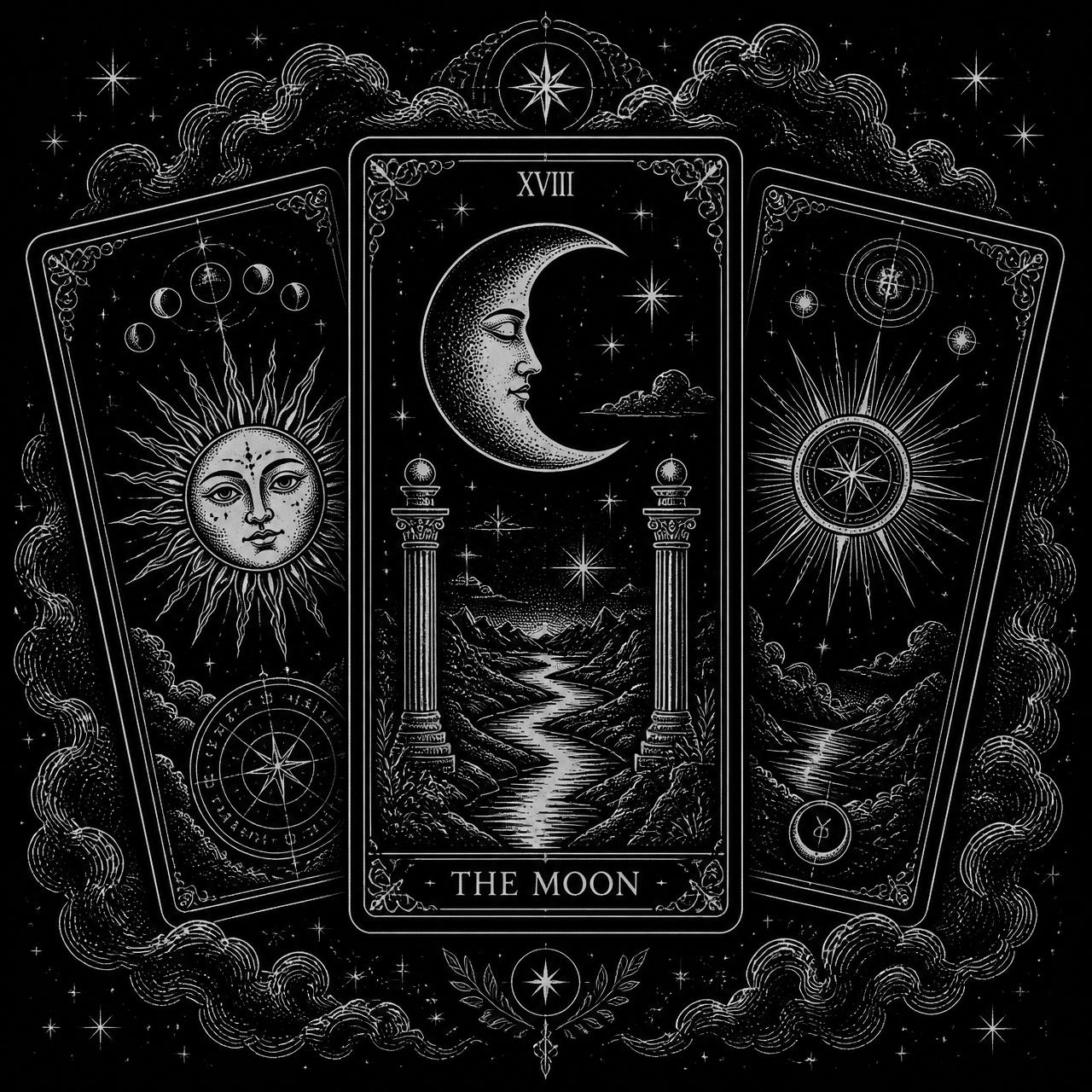 Three tarot cards with The Moon at center